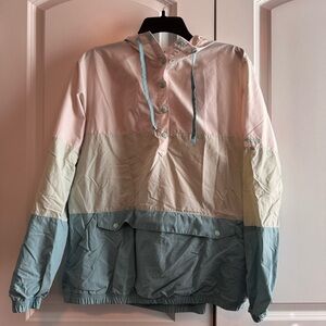 Columbia PFG Jacket Women’s L Rain Coat Windbreaker White Aqua Blue Hood